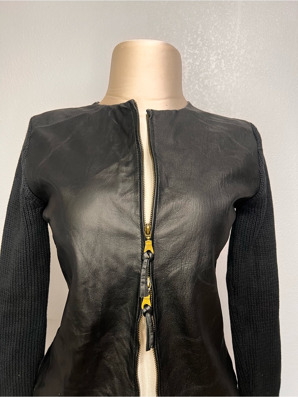Hannah Black Leather Front with Knit Sleeve Jacket